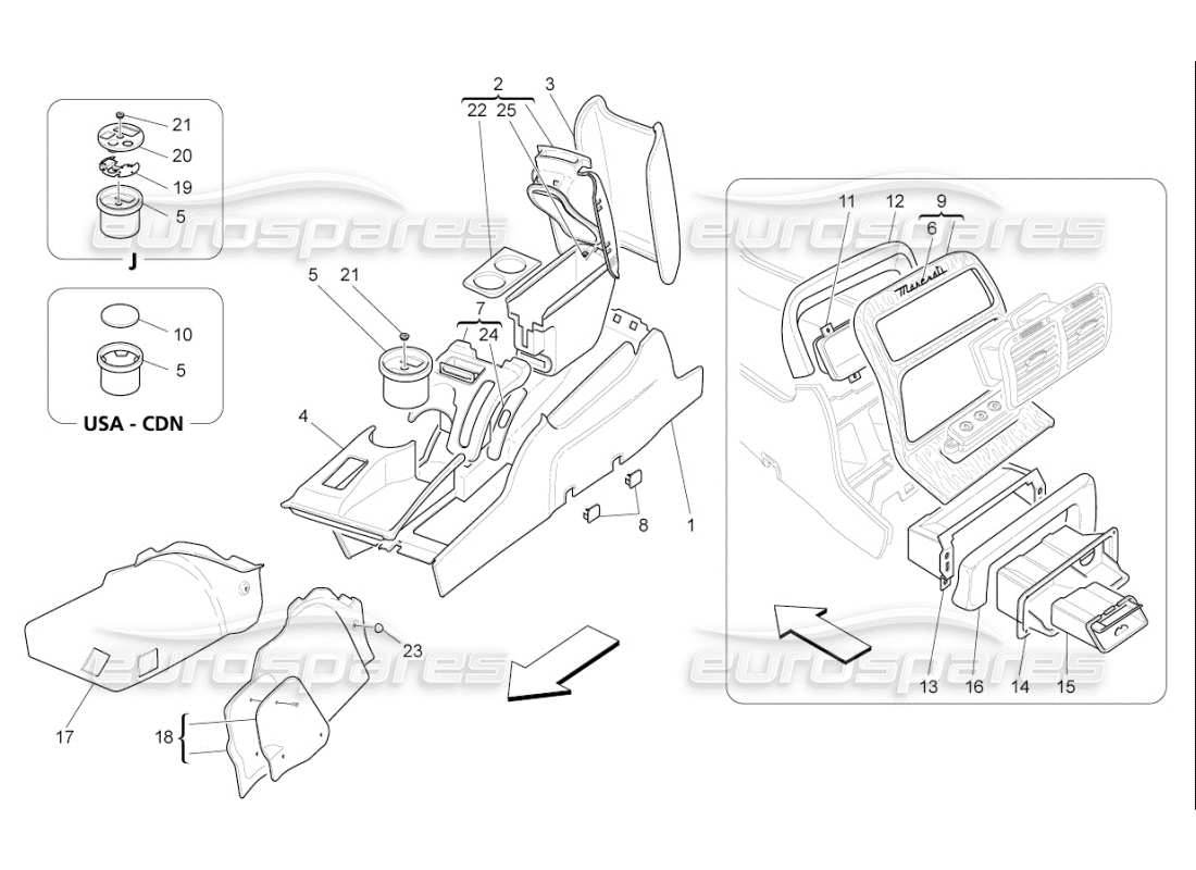 maserati qtp. (2007) 4.2 f1 diagrama de piezas de la consola de accesorios y la consola central