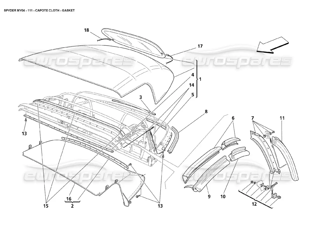 maserati 4200 spyder (2004) junta de tela de capote diagrama de piezas