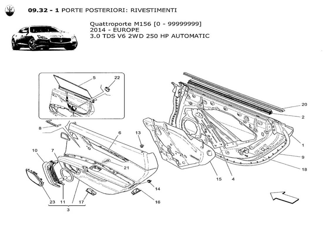 maserati qtp. v6 3.0 tds 250bhp 2014 puertas traseras: diagrama de piezas de los paneles embellecedores