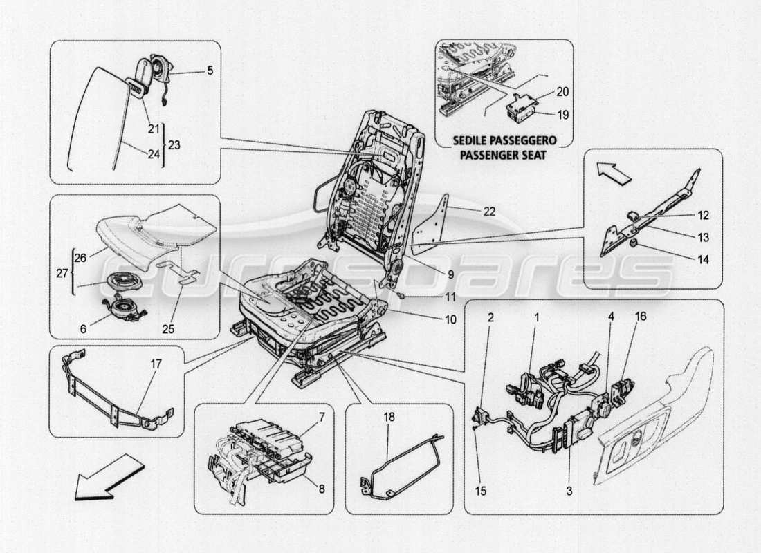 maserati qtp. v8 3.8 530bhp auto 2015 asientos delanteros: diagrama de piezas de los paneles tapizados