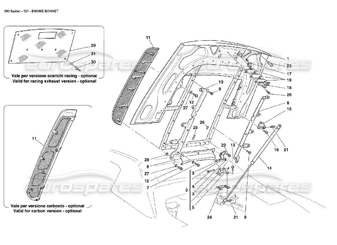 ferrari 360 spider diagrama de piezas del capó del motor