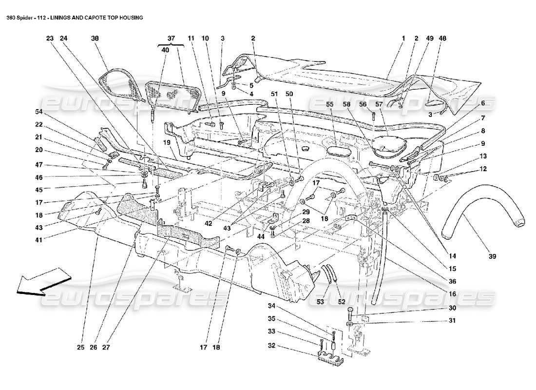 ferrari 360 spider diagrama de piezas de revestimiento y carcasa superior de capote