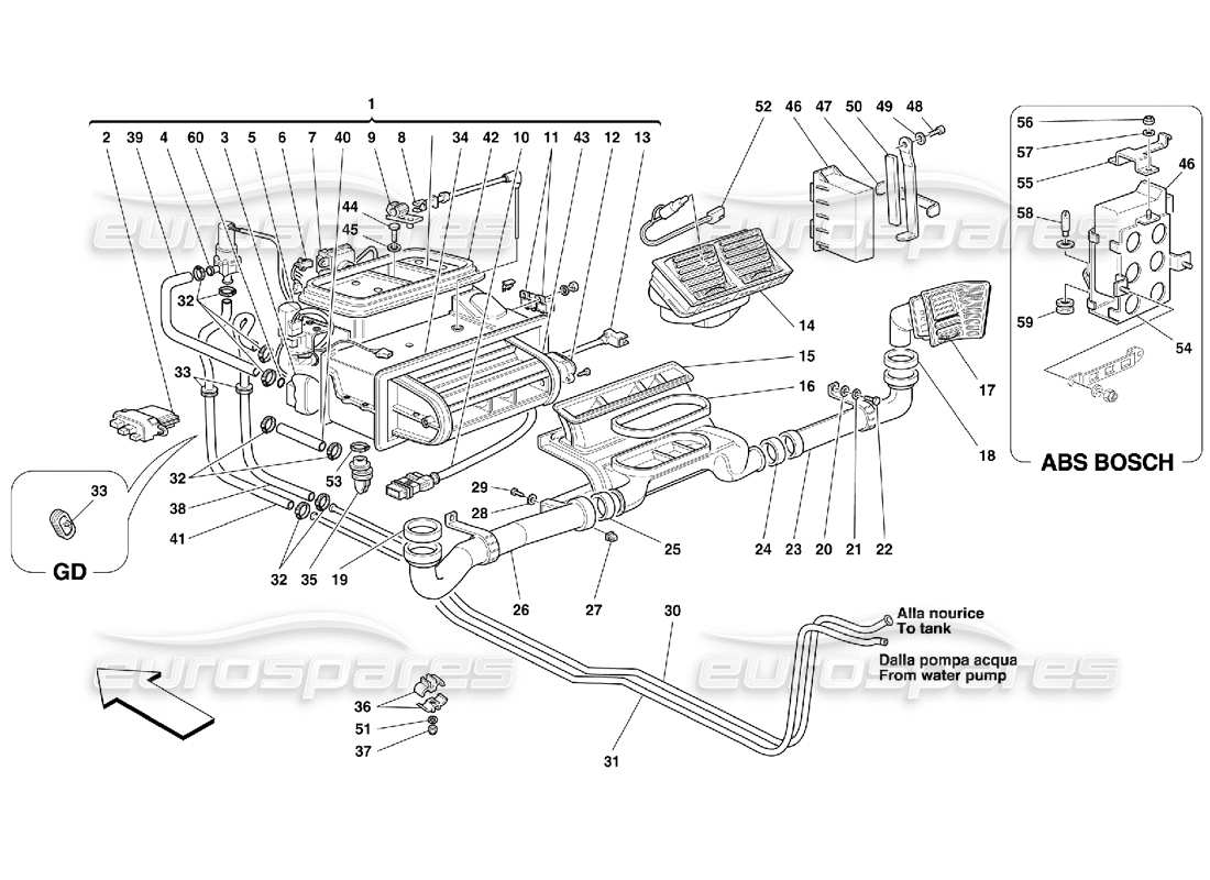 ferrari 355 (5.2 motronic) diagrama de piezas de aireación de la unidad del evaporador y del compartimento de pasajeros