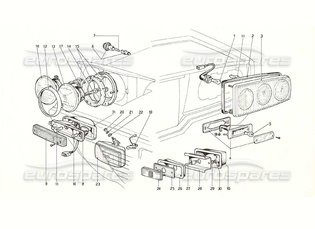 ferrari 308 gt4 dino (1976) diagrama de piezas de luces