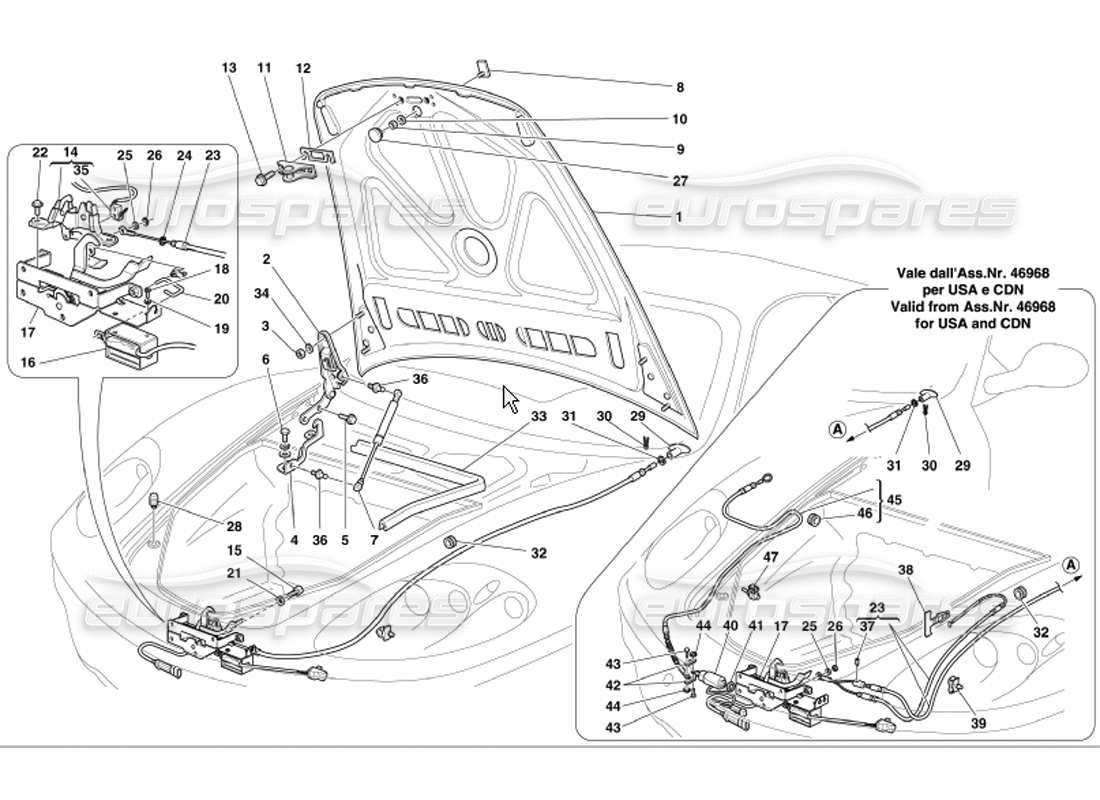 ferrari 360 modena diagrama de piezas del capó delantero y del dispositivo de apertura