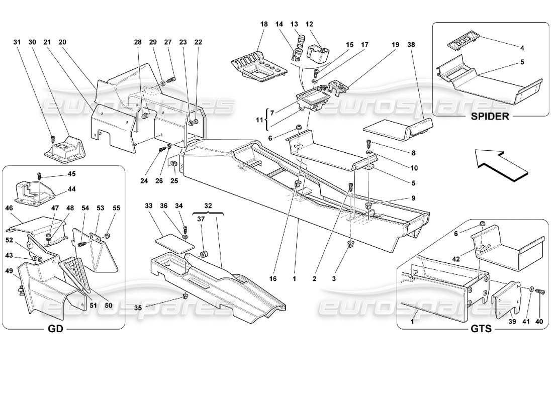 ferrari 355 (2.7 motronic) túnel: diagrama de piezas de estructura y accesorios