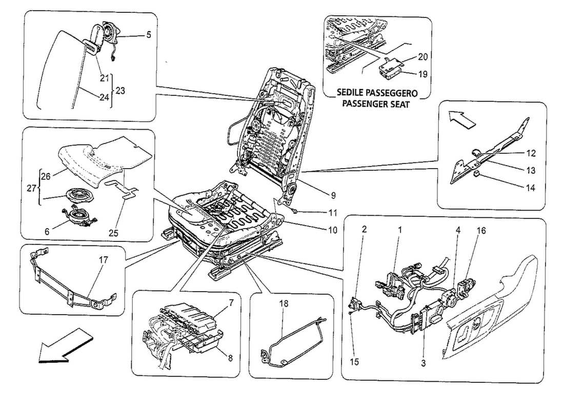 maserati qtp. v8 3.8 530bhp 2014 asientos delanteros: diagrama de piezas de mecánica y electrónica