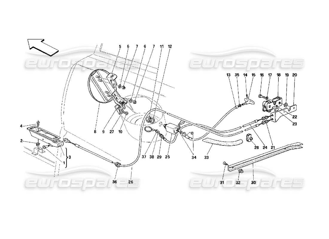 ferrari 348 (2.7 motronic) diagrama de piezas de dispositivos de apertura para capó trasero y puerta de gas