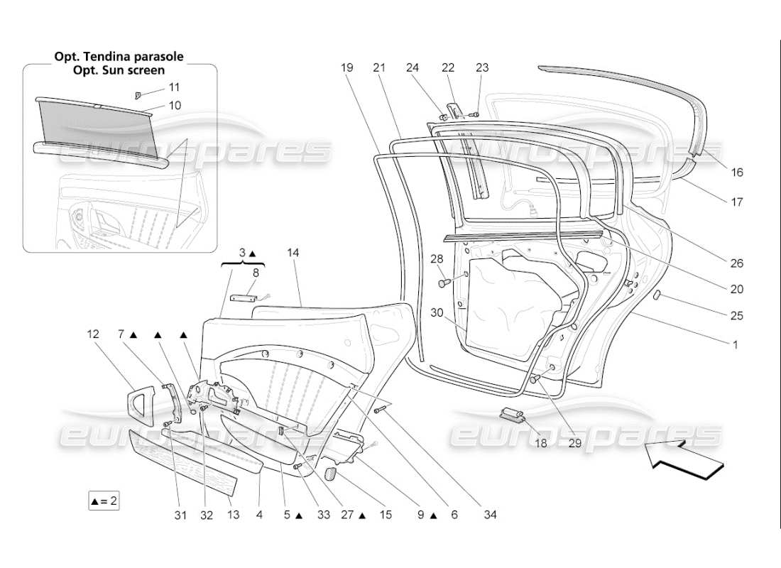maserati qtp. (2010) 4.7 auto puertas traseras: diagrama de piezas de los paneles embellecedores