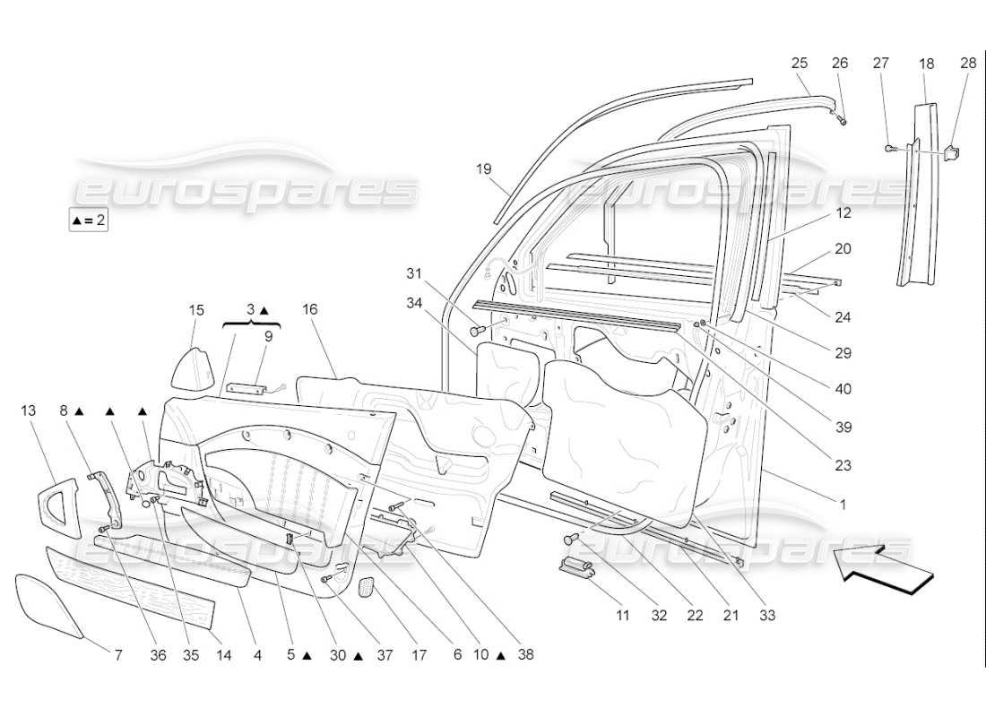 maserati qtp. (2009) 4.7 auto puertas delanteras: diagrama de piezas de los paneles embellecedores