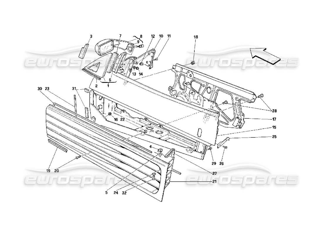 ferrari 348 (2.7 motronic) puertas: diagrama de piezas del marco y del espejo trasero