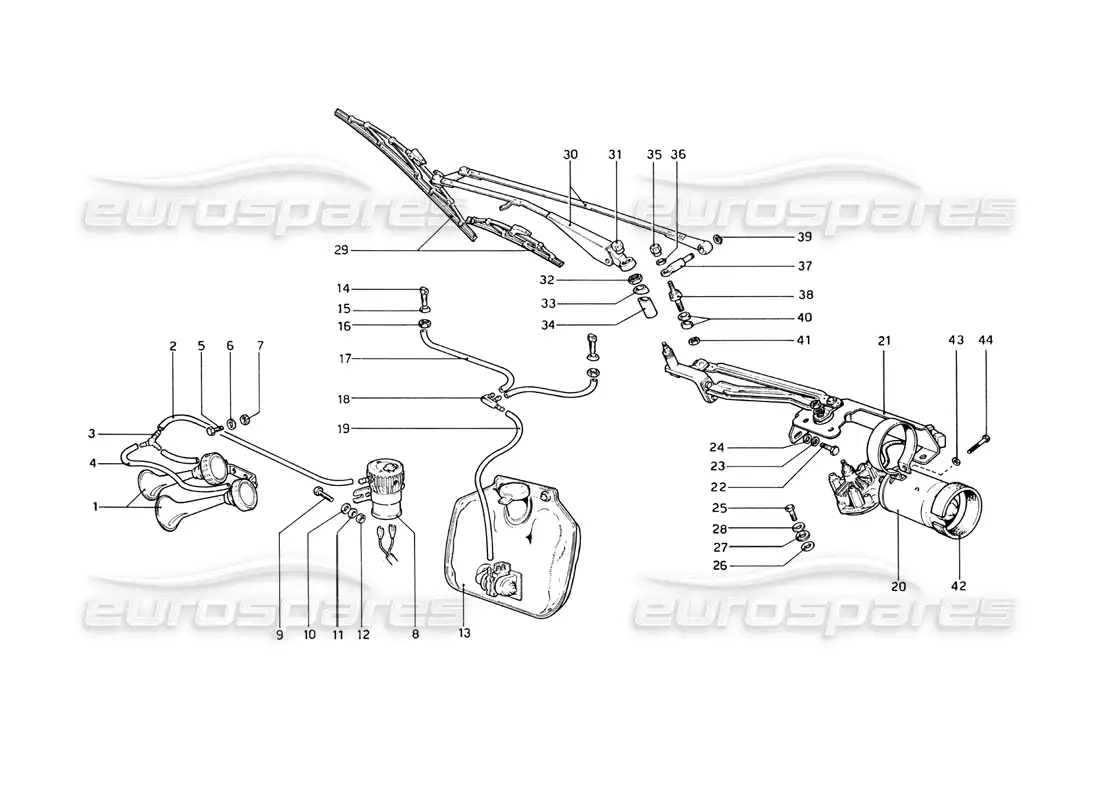 ferrari 365 gt4 berlinetta boxer limpiaparabrisas, arandela y bocinas diagrama de piezas