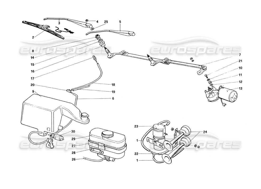 ferrari 328 (1985) limpiaparabrisas, arandela y bocina diagrama de piezas