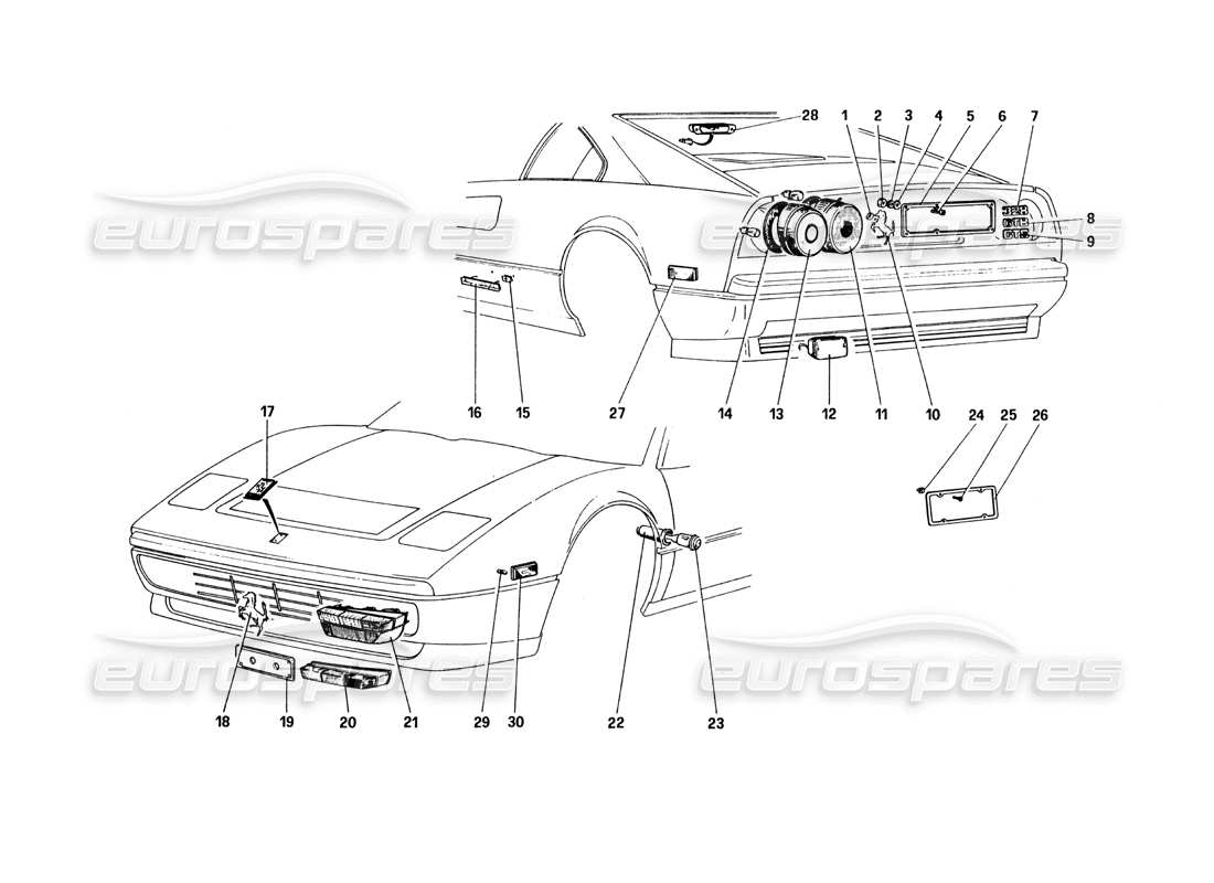 ferrari 328 (1985) diagrama de piezas de luces y molduras externas