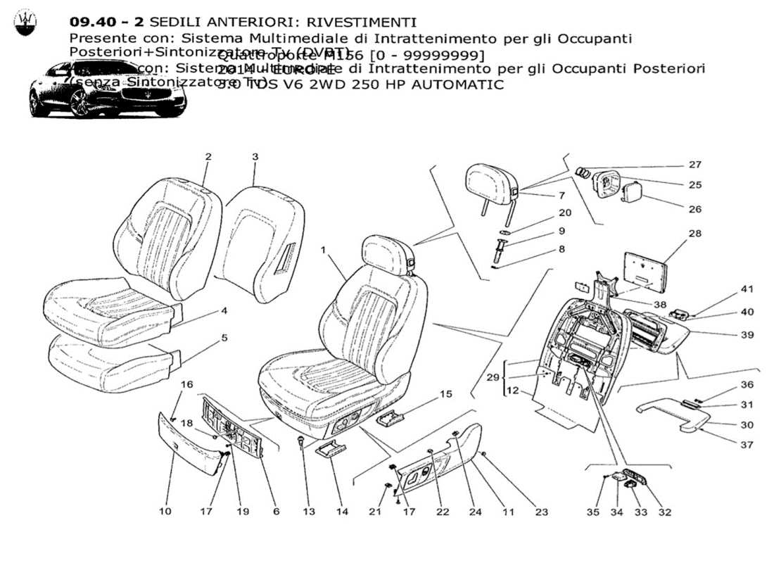 maserati qtp. v6 3.0 tds 250bhp 2014 asientos delanteros: diagrama de piezas de los paneles tapizados