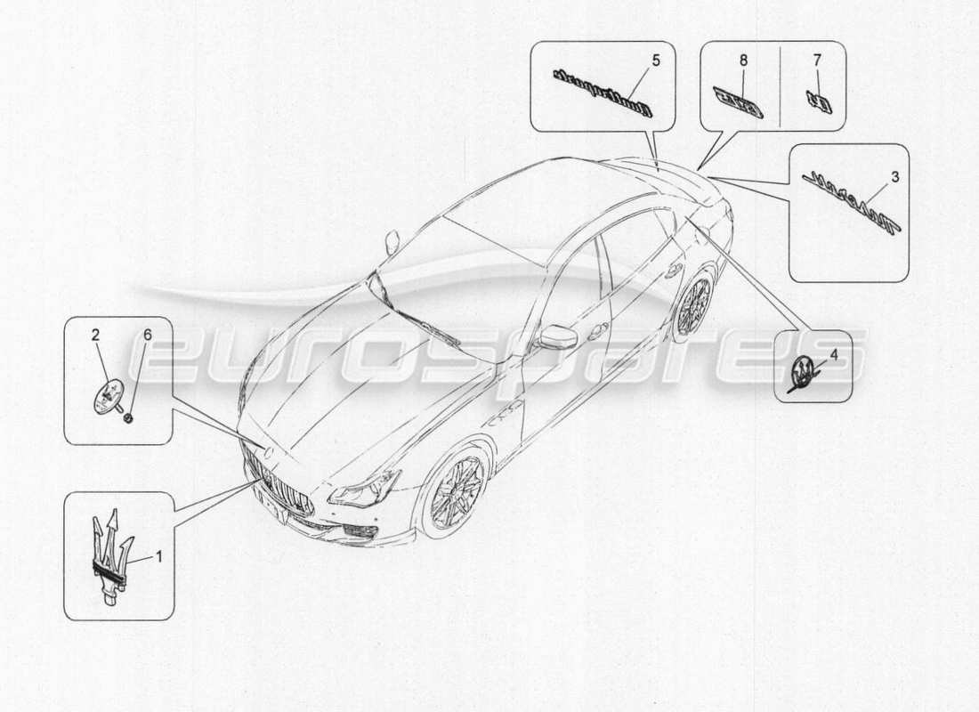 maserati qtp. v8 3.8 530bhp auto 2015 diagrama de piezas de adornos, marcas y símbolos