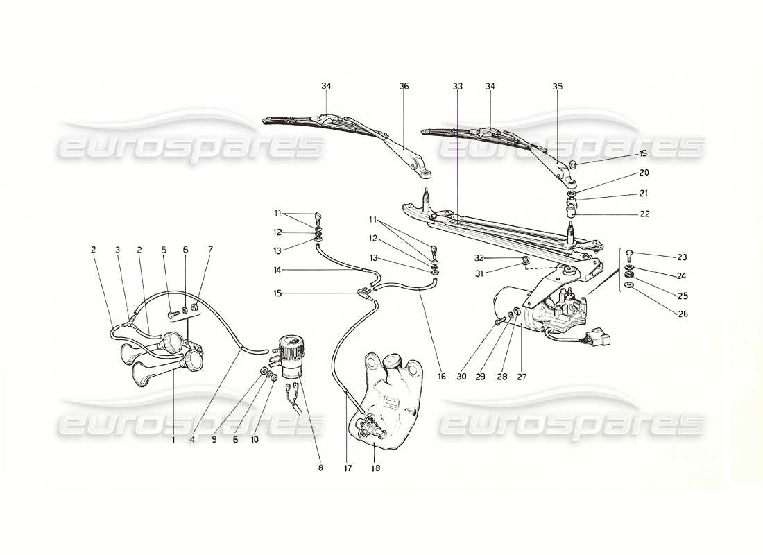 ferrari 308 gt4 dino (1976) diagrama de piezas del limpiaparabrisas, arandela y bocina