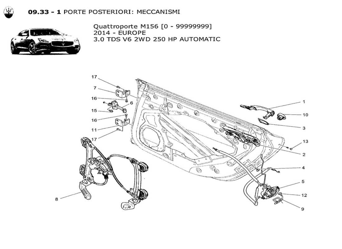 maserati qtp. v6 3.0 tds 250bhp 2014 puertas traseras: diagrama de piezas de mecanismos