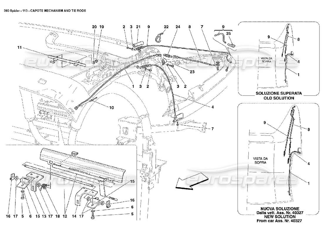 ferrari 360 spider diagrama de piezas del mecanismo de capote y tirantes
