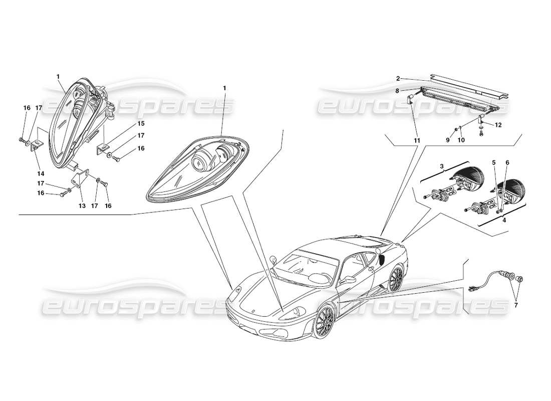 ferrari 430 challenge (2006) diagrama de piezas de las luces delanteras y traseras
