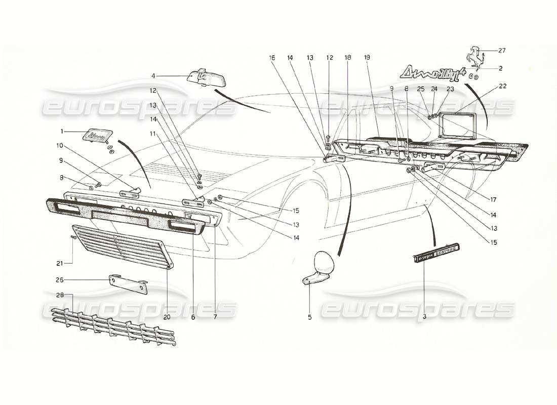 ferrari 308 gt4 dino (1976) diagrama de piezas de parachoques y molduras