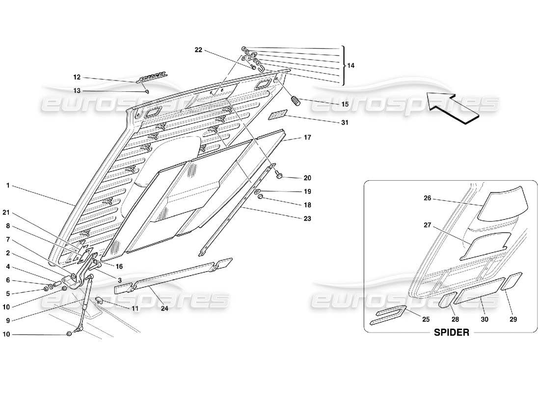 ferrari 355 (5.2 motronic) capó trasero diagrama de piezas