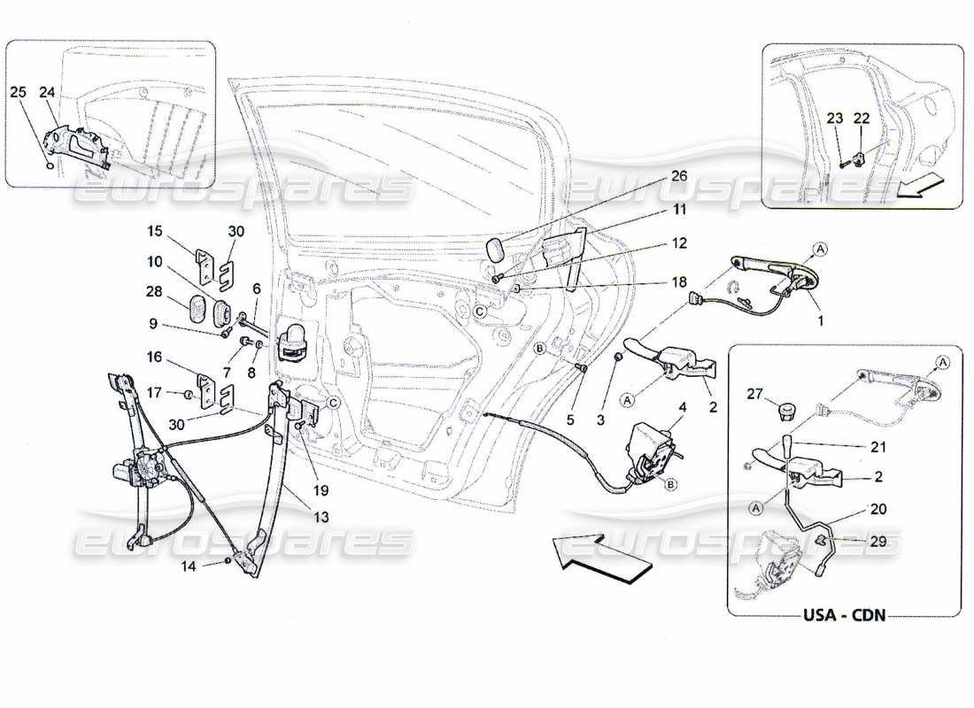 maserati qtp. (2010) 4.7 puertas traseras: diagrama de piezas de mecanismos