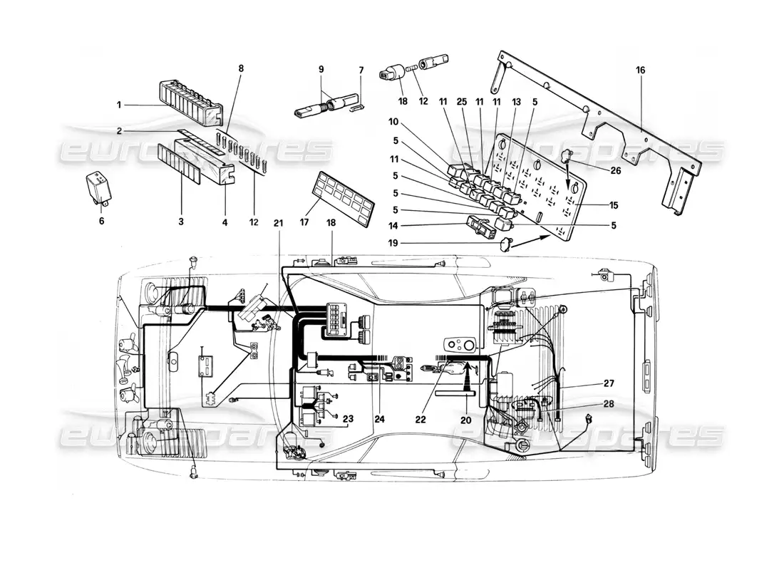 ferrari 208 turbo (1982) electrical system - cables, fuses and relays diagrama de piezas