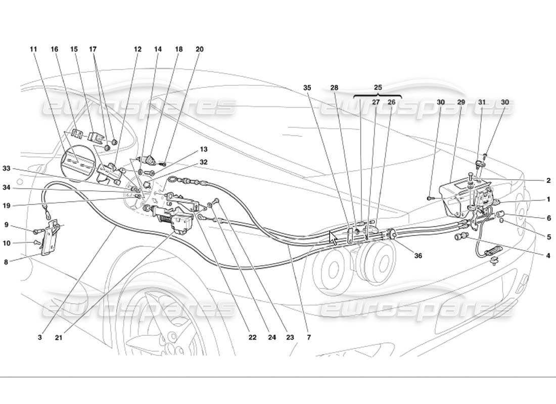 ferrari 360 modena dispositivos de apertura para el capó del motor y el diagrama de piezas de la puerta de gas