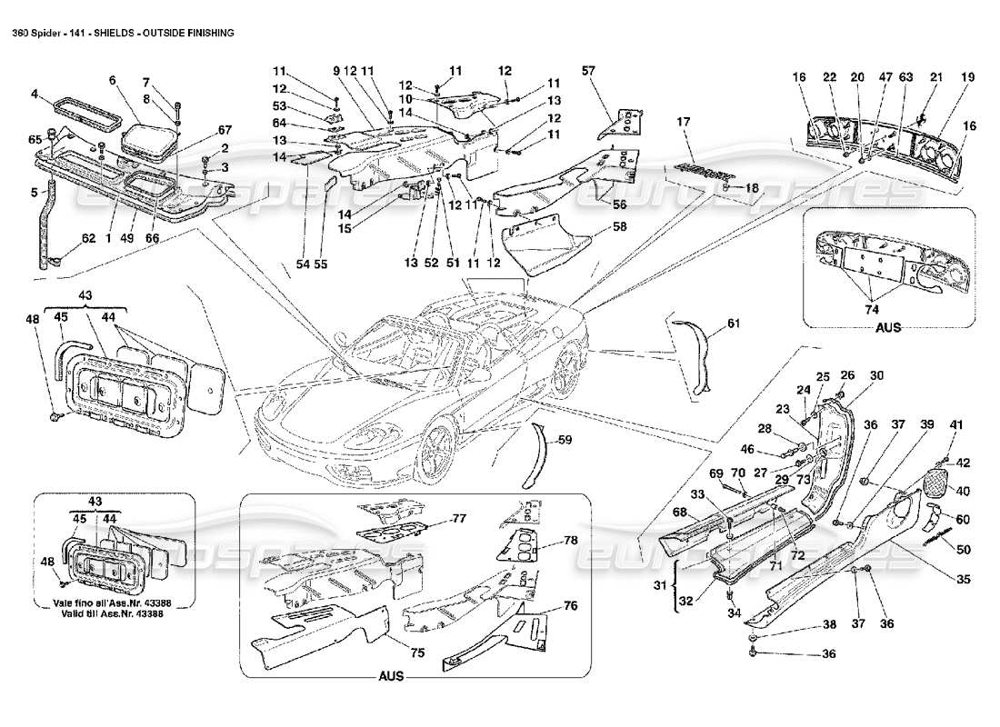 ferrari 360 spider escudos - diagrama de piezas de acabado exterior