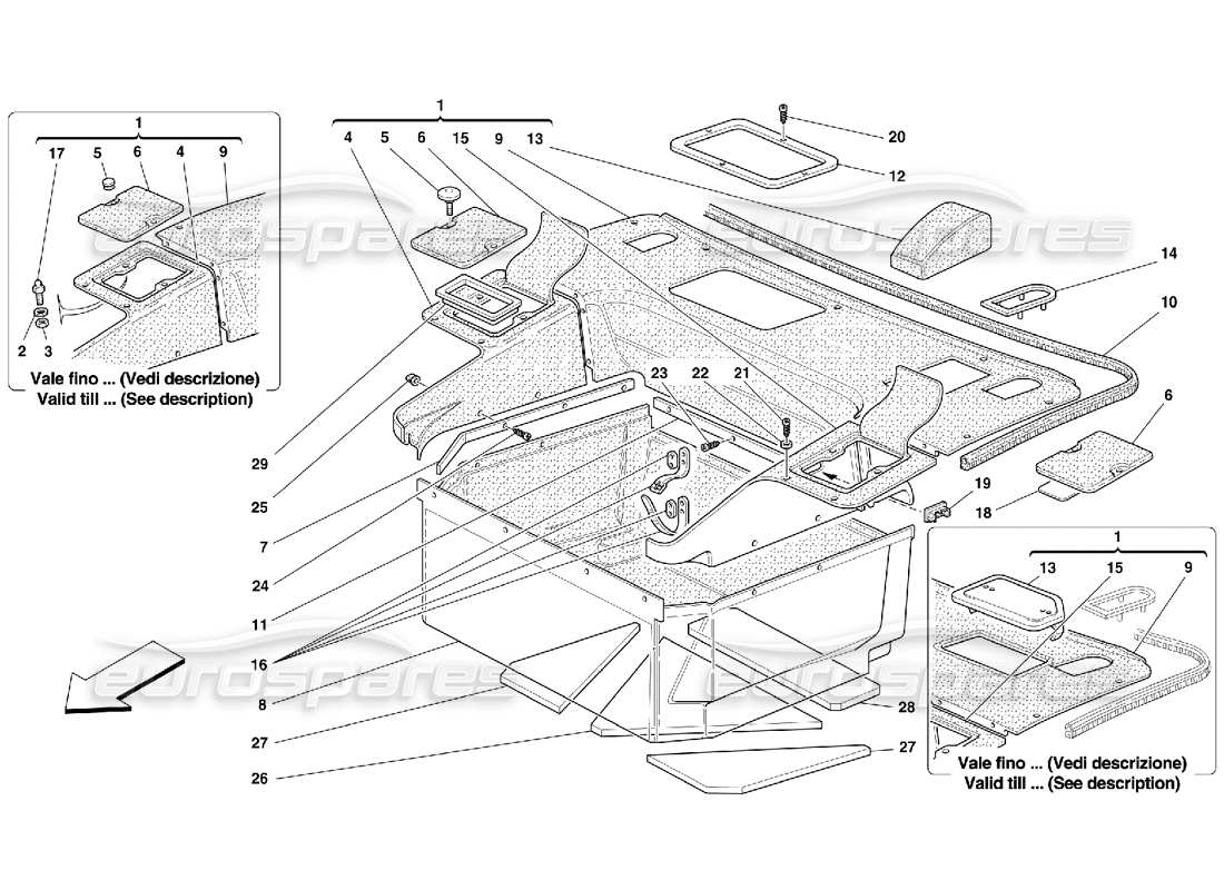 ferrari 355 (5.2 motronic) diagrama de piezas de las alfombras del compartimento frontal