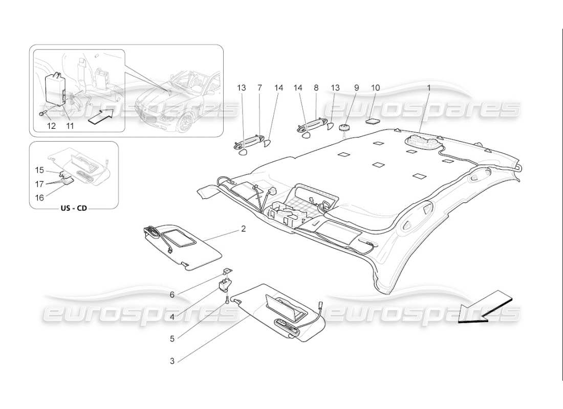 maserati qtp. (2008) 4.2 auto diagrama de piezas de techo y parasoles