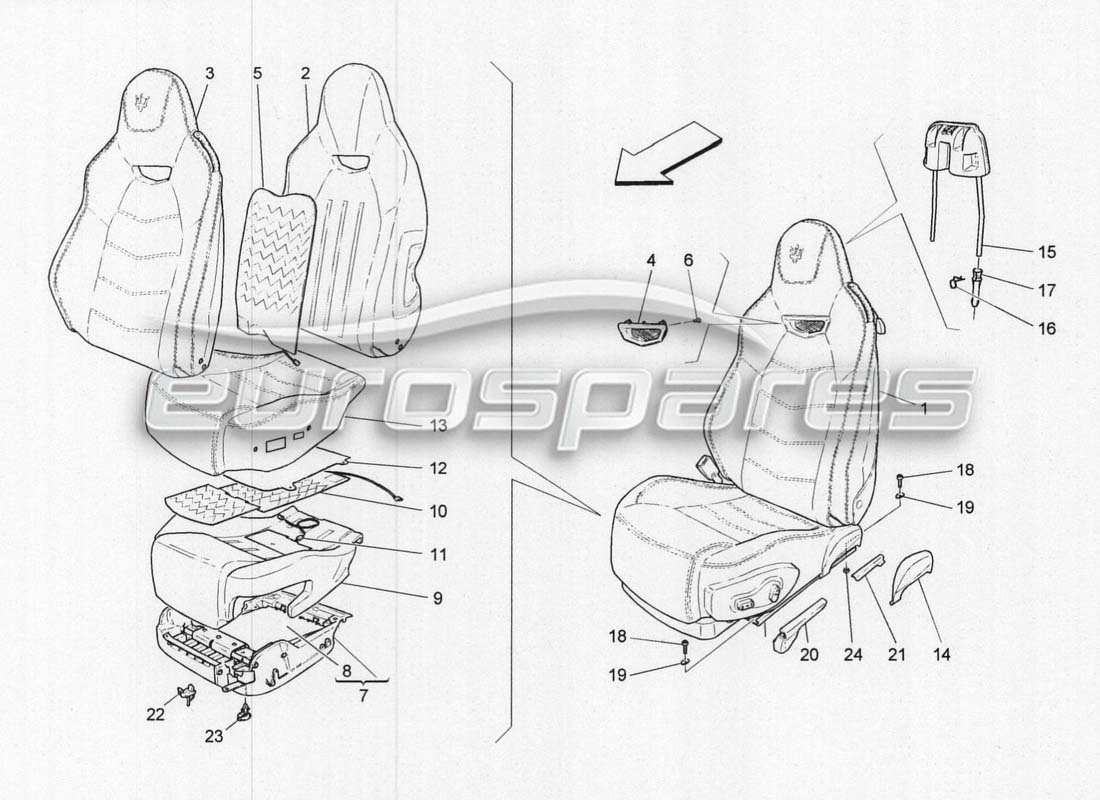 maserati grancabrio mc centenario diagrama de piezas de las cubiertas de los asientos delanteros