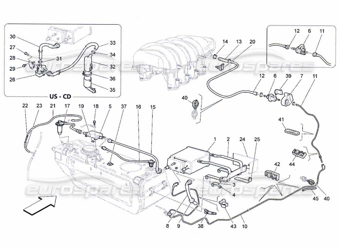 maserati qtp. (2010) 4.7 diagrama de piezas del sistema de recirculación de vapores de combustible