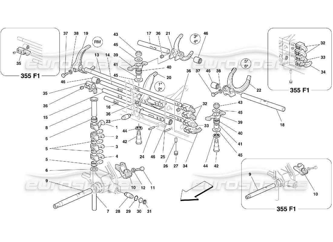 ferrari 355 (5.2 motronic) diagrama de piezas de los controles internos de la caja de cambios