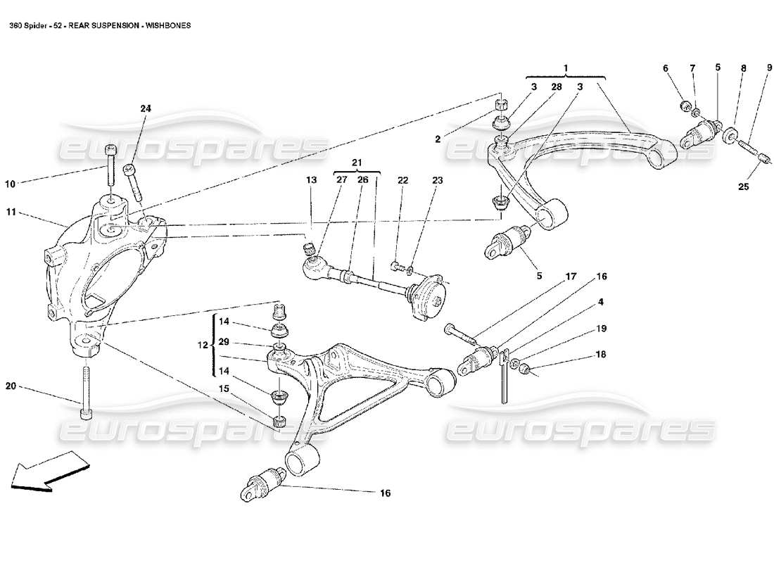 ferrari 360 spider suspensión trasera - diagrama de piezas de horquillas