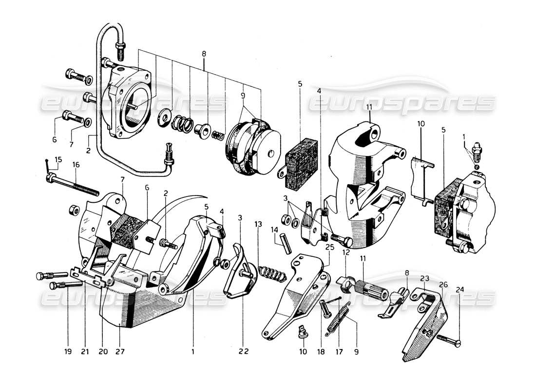 ferrari 275 gtb/gts 2 cam diagrama de piezas del mecanismo de freno de mano y pinzas de freno delantero-trasero