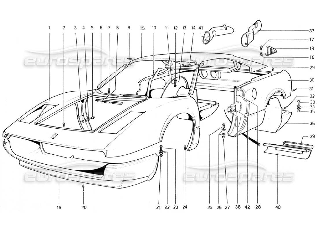 ferrari 308 gtb (1976) carrocería - elementos exteriores (válido para rhd - versiones aus) esquema de piezas
