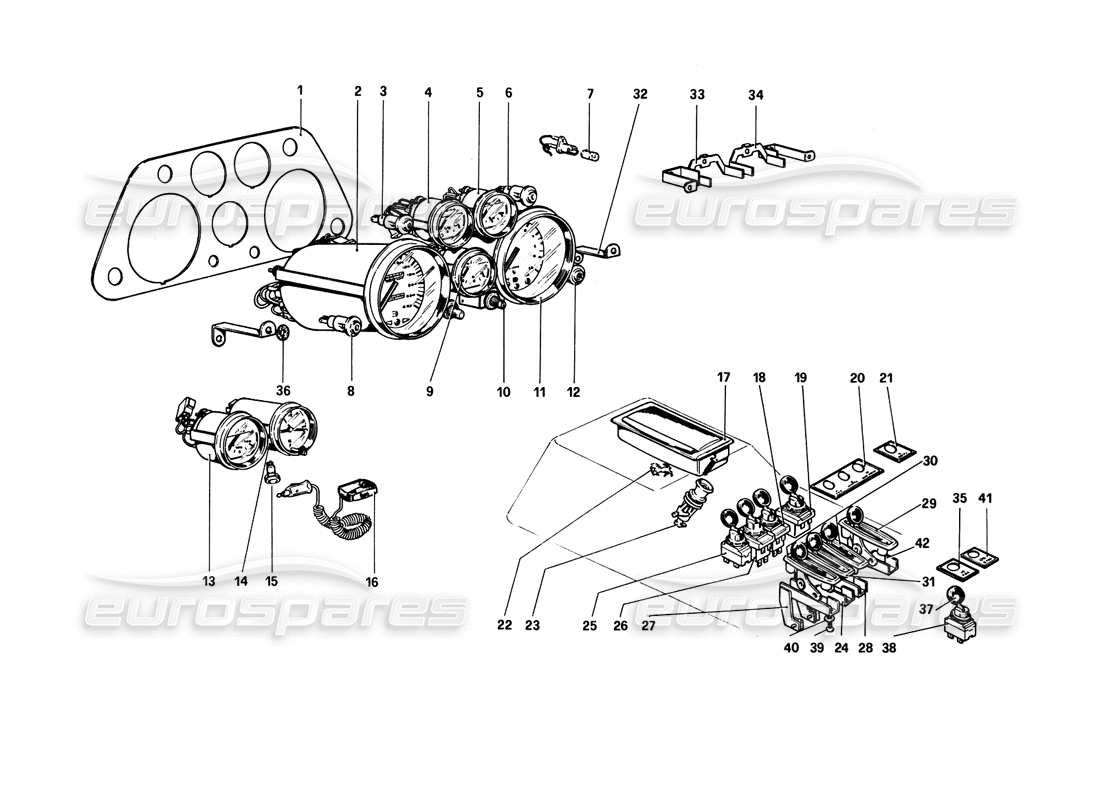 ferrari 308 gtb (1980) diagrama de piezas de instrumentos y accesorios (variantes para rhd - versiones aus)