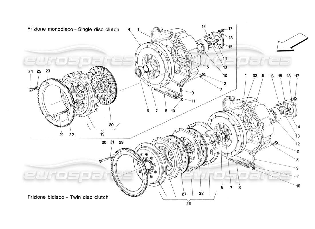 ferrari 348 (1993) tb / ts embrague - disco simple y doble diagrama de piezas