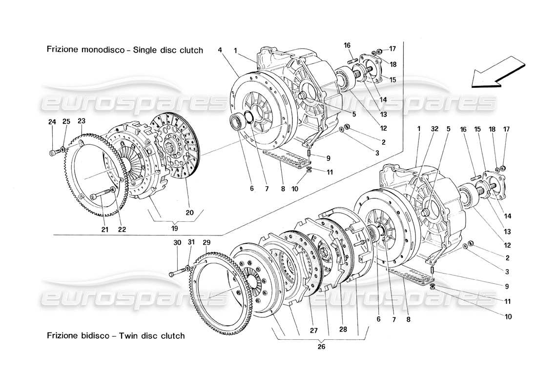 ferrari 348 (1993) tb / ts embrague - diagrama de piezas de disco simple y doble