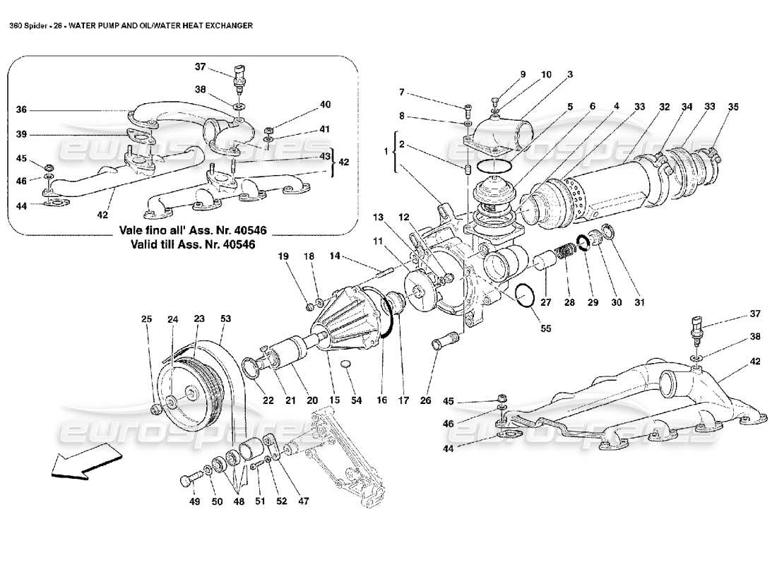 ferrari 360 spider diagrama de piezas de la bomba de agua y del intercambiador de calor aceite-agua