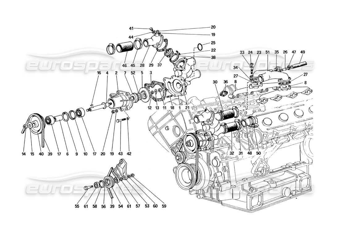 ferrari 328 (1985) diagrama de piezas de bomba de agua y tuberías