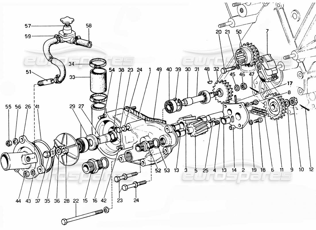 ferrari 365 gtc4 (mechanical) bomba de agua y aceite diagrama de piezas