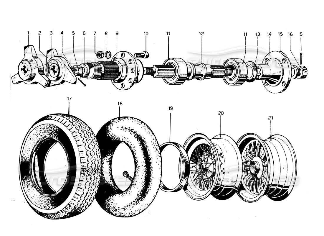 ferrari 275 gtb/gts 2 cam neumáticos: diagrama de piezas de ruedas y ejes