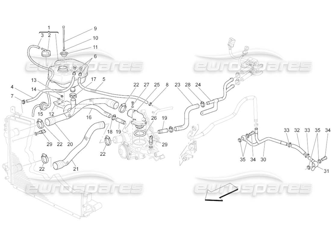 maserati grancabrio (2011) 4.7 sistema de refrigeración: diagrama de piezas de nourice y líneas