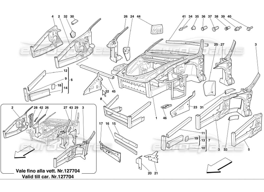 ferrari 360 modena diagrama de piezas de estructuras y placas de elementos frontales de marco