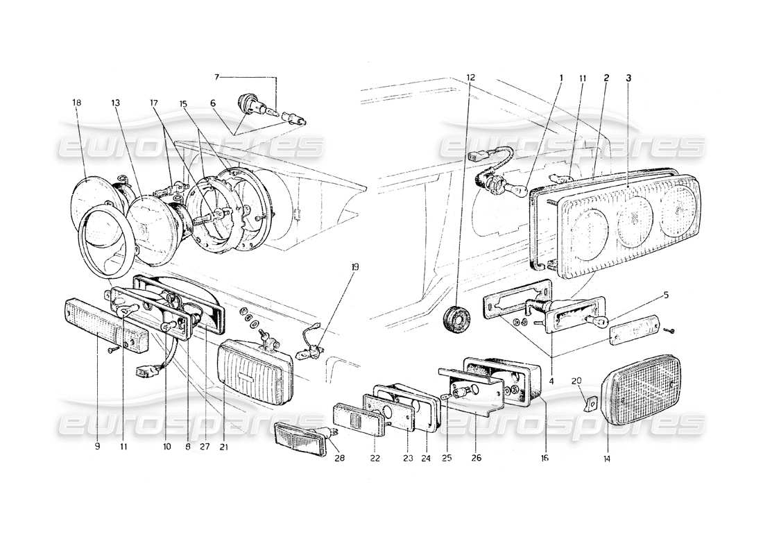 ferrari 308 gt4 dino (1979) luces diagrama de piezas