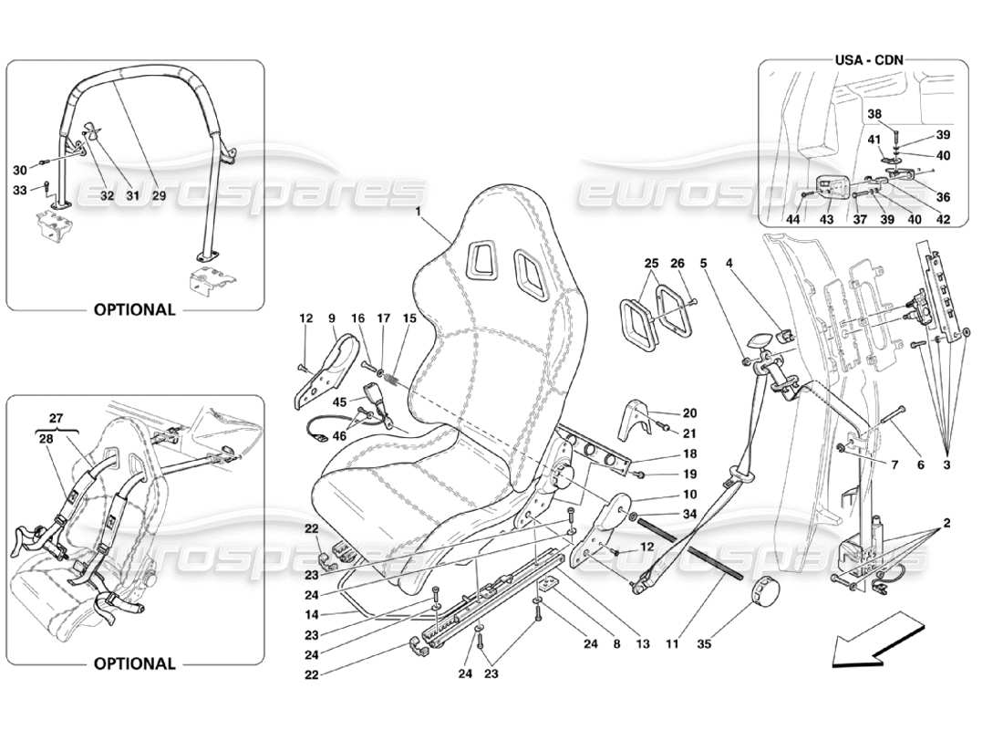ferrari 360 challenge stradale diagrama de piezas de asientos de carreras, cinturones de seguridad y barra antivuelco