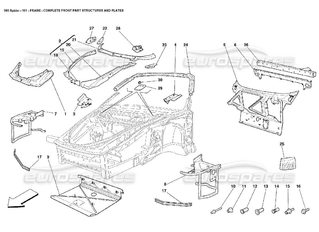 ferrari 360 spider marco - parte frontal completa estructuras y placas diagrama de piezas